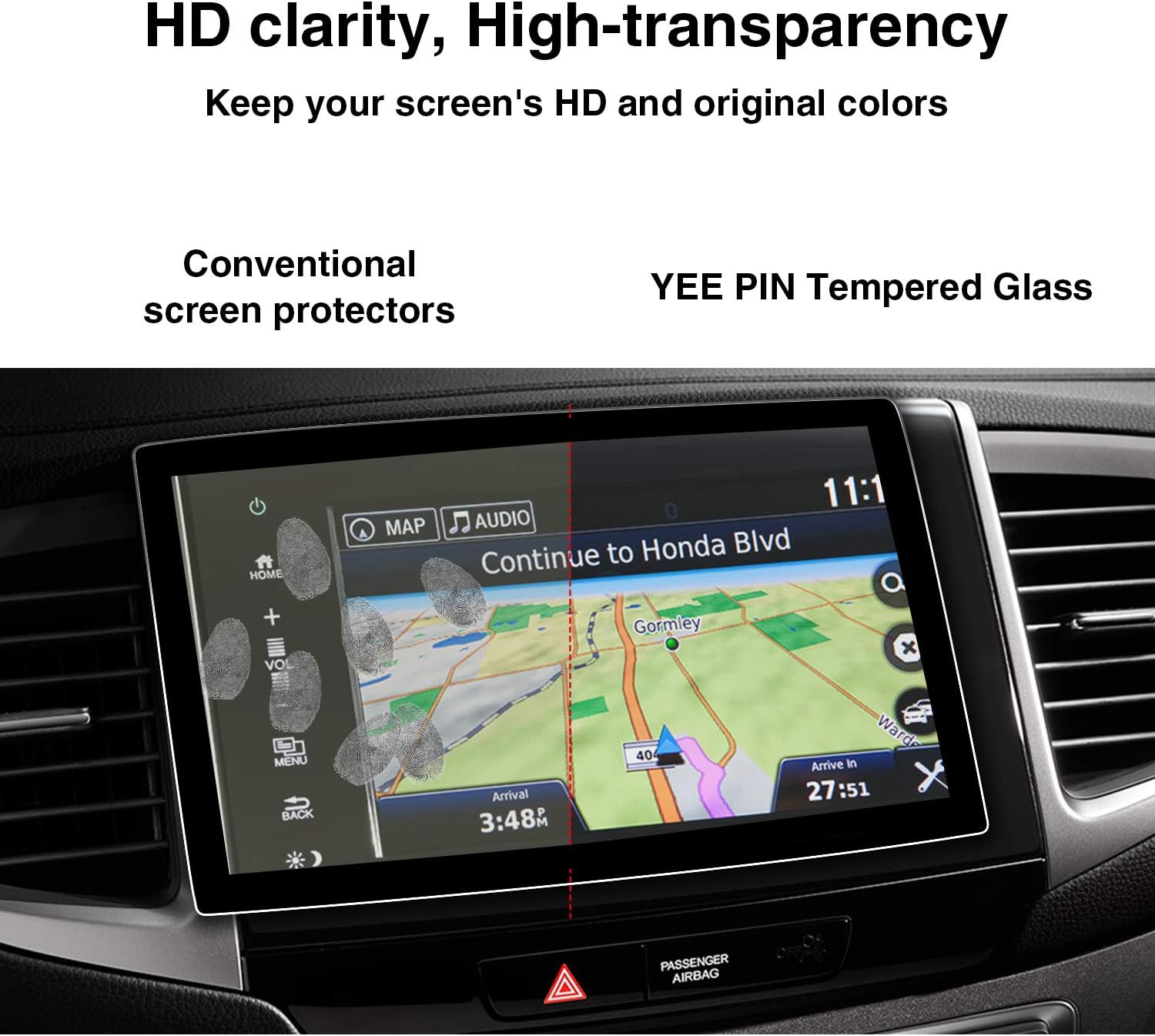 YEE PIN Pilot Black Grill Screen Protector for 2016 2017 2018 Pilot EX EX-L Center Control Touch Screen, 2016-2020 Ridgeline Car Navigation Display 9H Glass Protective Film (8-inch)