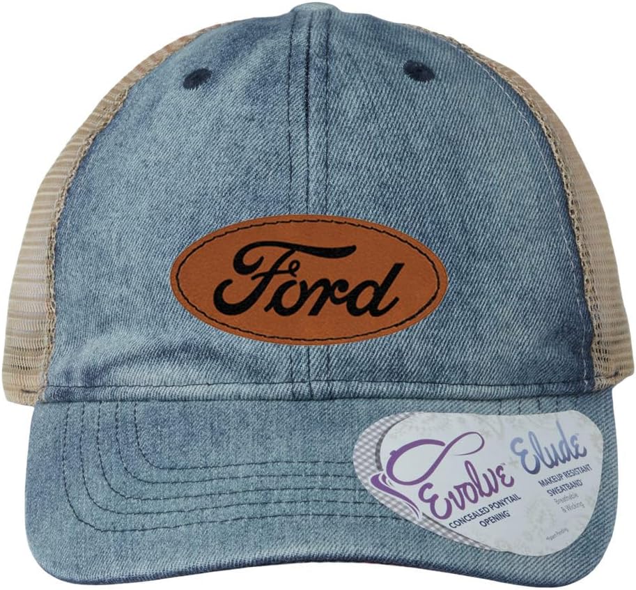 Ford Oval Script Logo Laser Engraved Leather Patch Womens Ponytail High Messy Bun Baseball Hat Cap