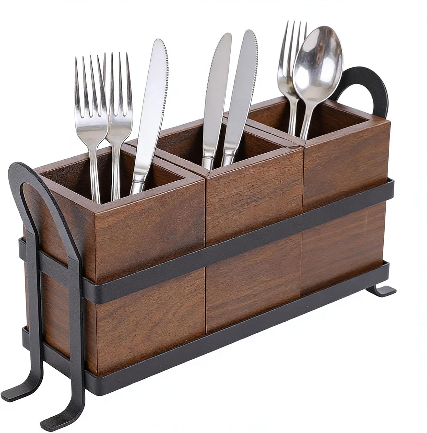 Zerodis Wooden Utensil Holder,3 Compartment Kitchen Countertop Silverware Organizer Flatware Organizer Cutlery Storage Box for Forks Spoons Chopsticks Knife (Flatware)