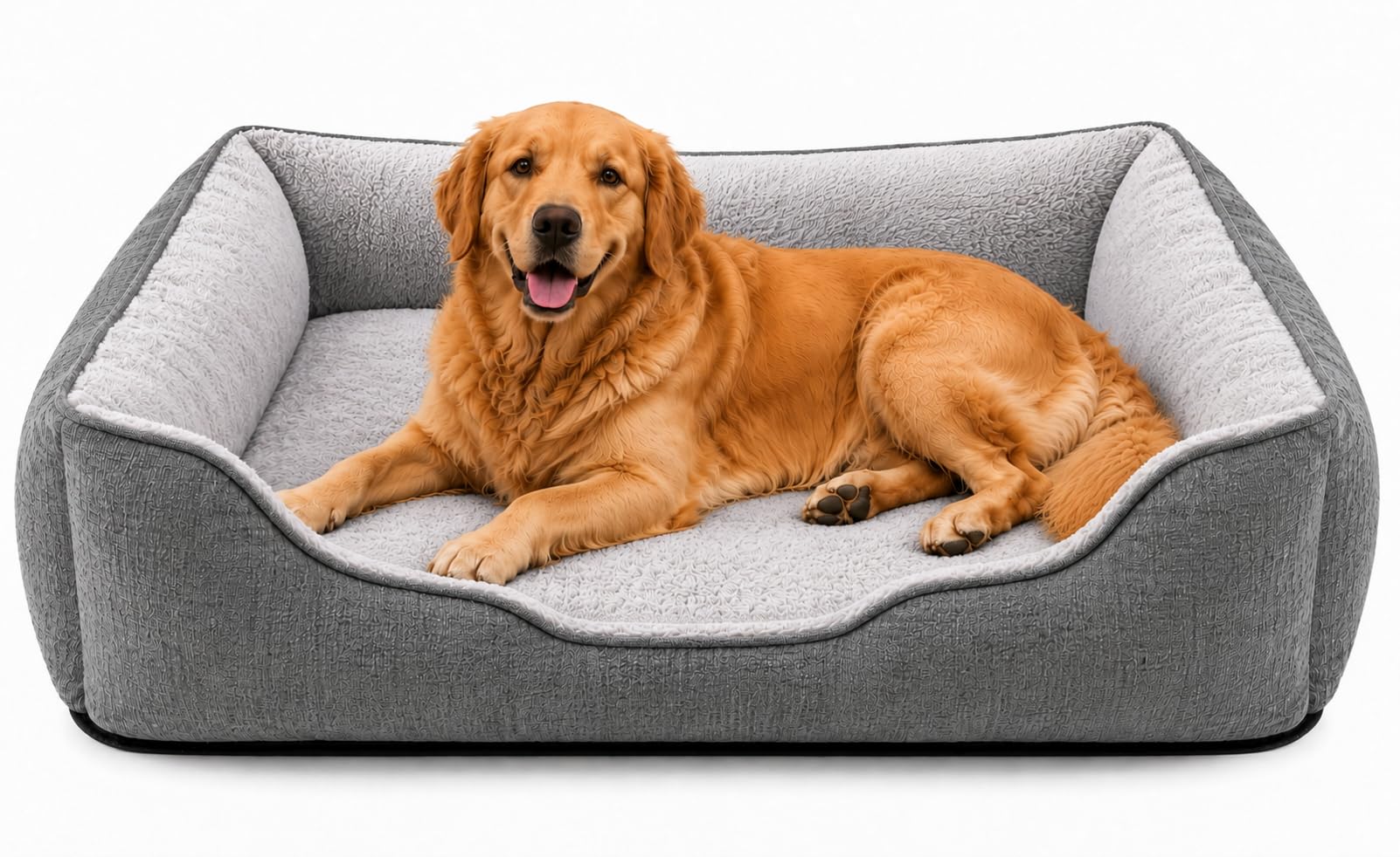 SuperGift.com Fluffy Calming Pet Bed for Dogs & Cats – Soft Plush Washable Cushion Sofa Bed with Raised Sides, Anti-Slip Base (Grey, L)