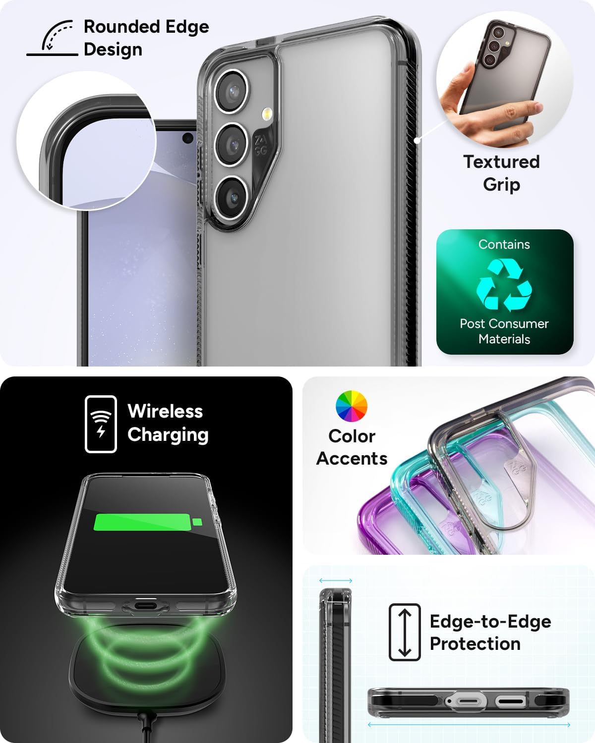 ZAGG Santa Cruz Samsung Galaxy S24+ Case - Ultra Slim, Clear Case with Color Accents, Graphene-Strengthened, Drop-Resistant, Black