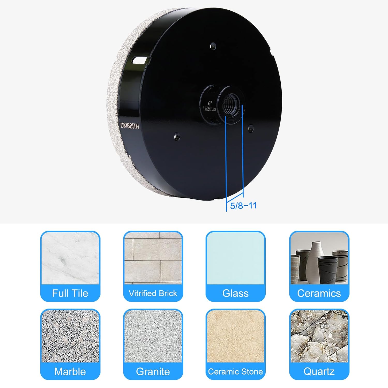 DKIBBITH 6" Dry Diamond Core Drill Bit, Tile Hole Saw for Ceramic Porcelain Granite Quartz Marble Tiles Stone Brick Glass Block with 5/8-11 Thread Fit Angle Grinders, 152mm Black