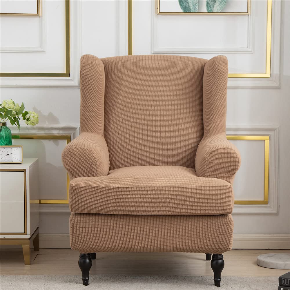Highdi Camel Wingback Chair Covers 2 Piece Stretch Wing Chair Slipcover, Washable Solid Color Corn Velvet Sofa Cover Furniture Protector For Armchair Chairs Hotel Living Room Bedroom (Camel)
