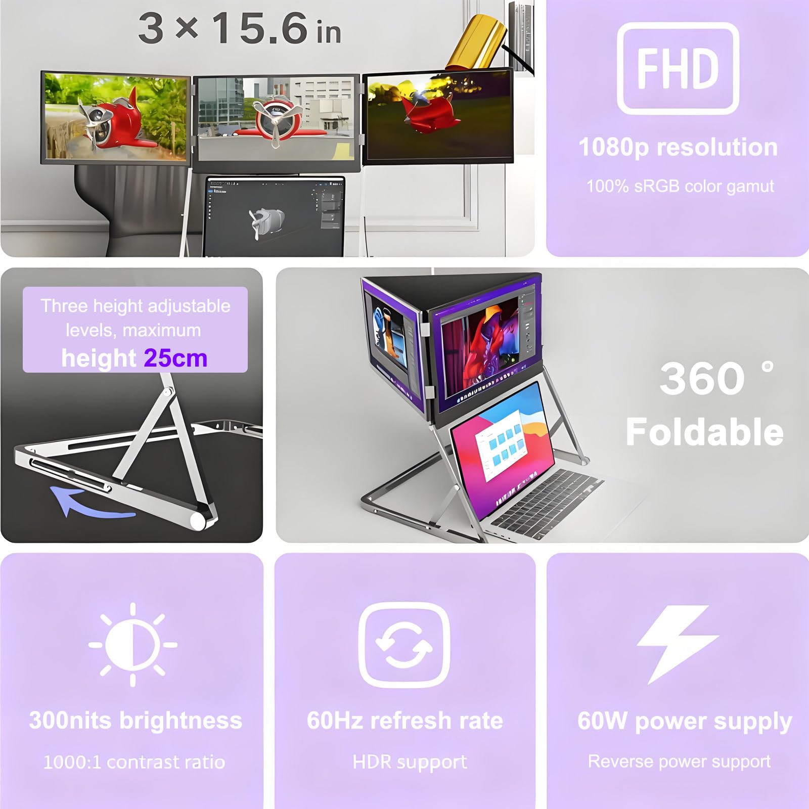 Przenośny Przedłużacz Monitora do Laptopa, 15,6-Calowy Składany Wyświetlacz FHD IPS, Usb-C Hdmi Play, Konfiguracja z Trzema Ekranami do Pracy w Domu, Biurze, dla Systemów Windows/mac