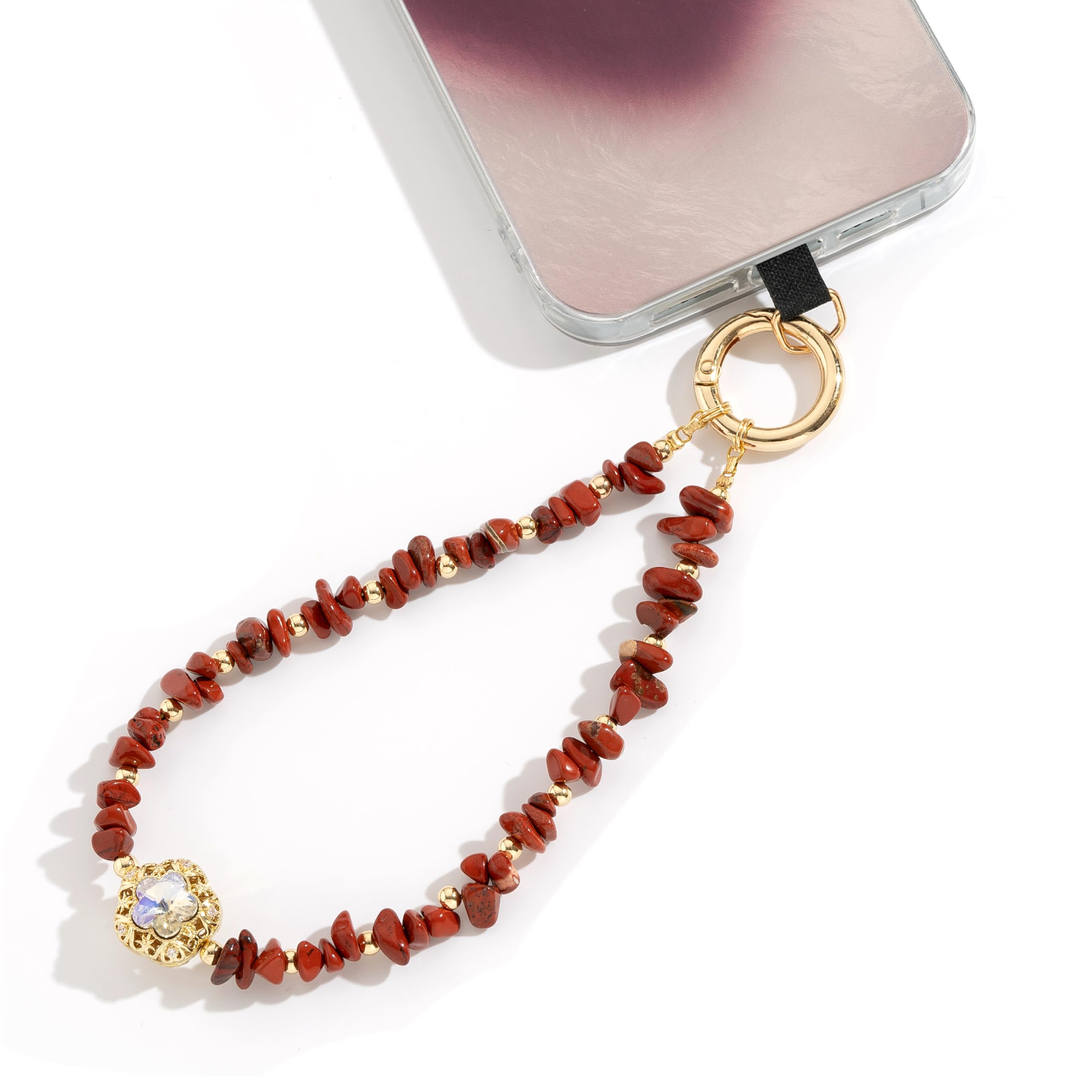 Little Fire Craft Phone Wristlet Strap Handmade Natural Stone Beaded Wrist Strap Phone Lanyard Chain Wristband Beaded Charm (Red Jasper Stone)