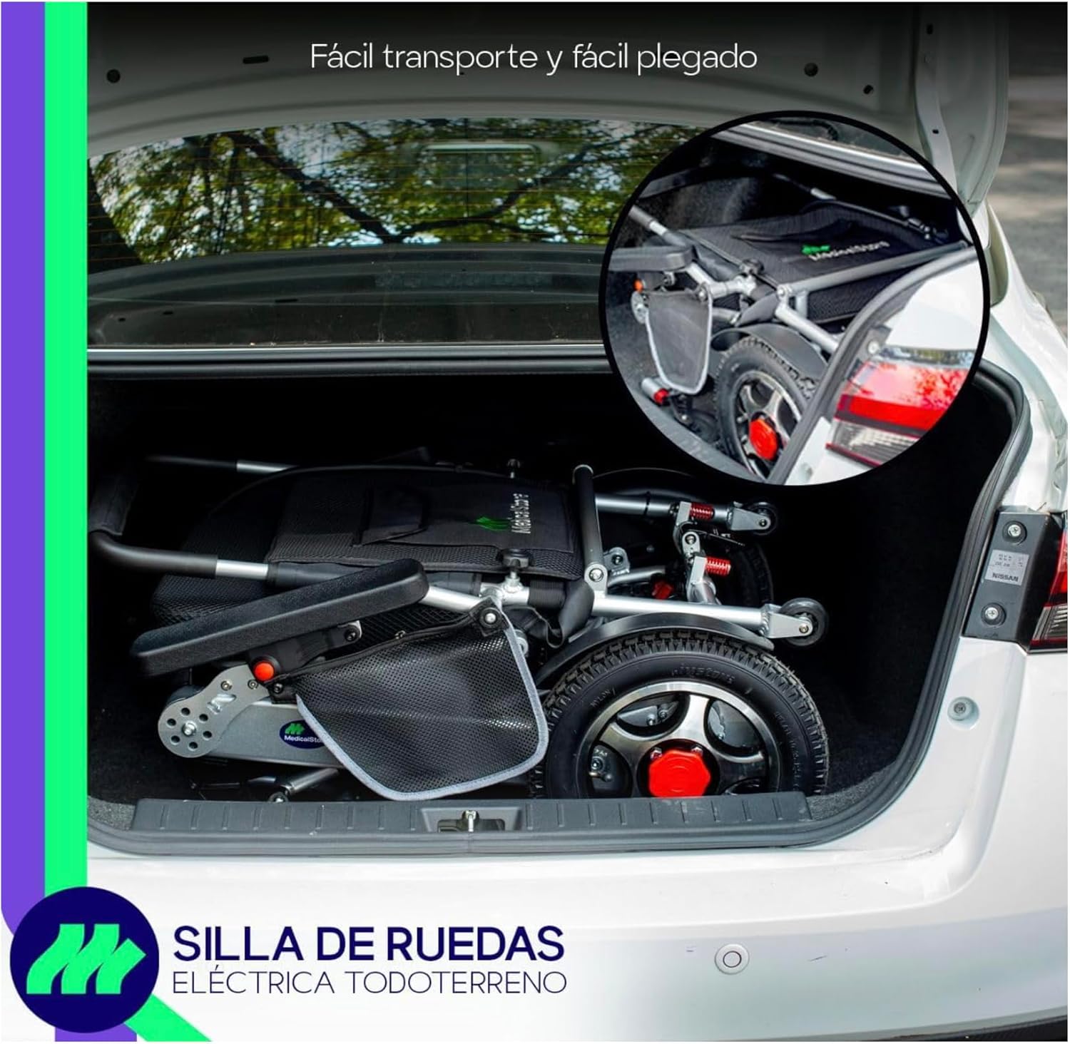 Folded THUNDER Medical Store Electric Folding Wheelchair stored in the trunk of a car.