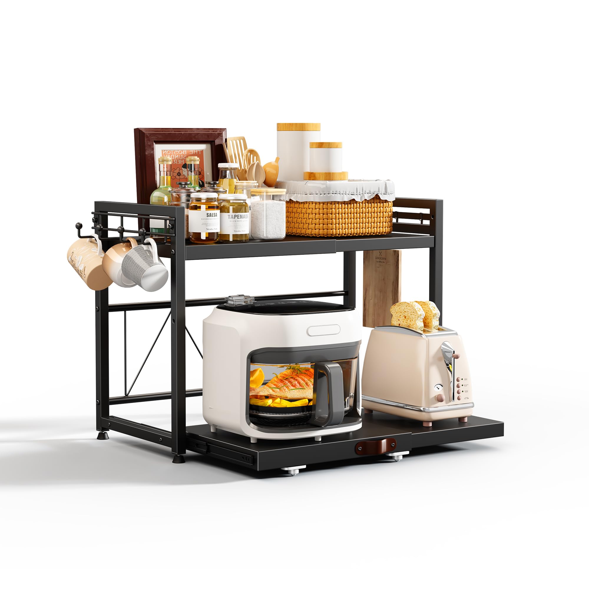 NETEL Pull out Expandable Microwave Shelf, 2-Tier Microwave Stand, Coffee Station Organizer with Large 4 Hooks, Mug Holder, Bakers Rack with Small 8 Plastic Hooks,Kitchen Countertop Organiser Shelves
