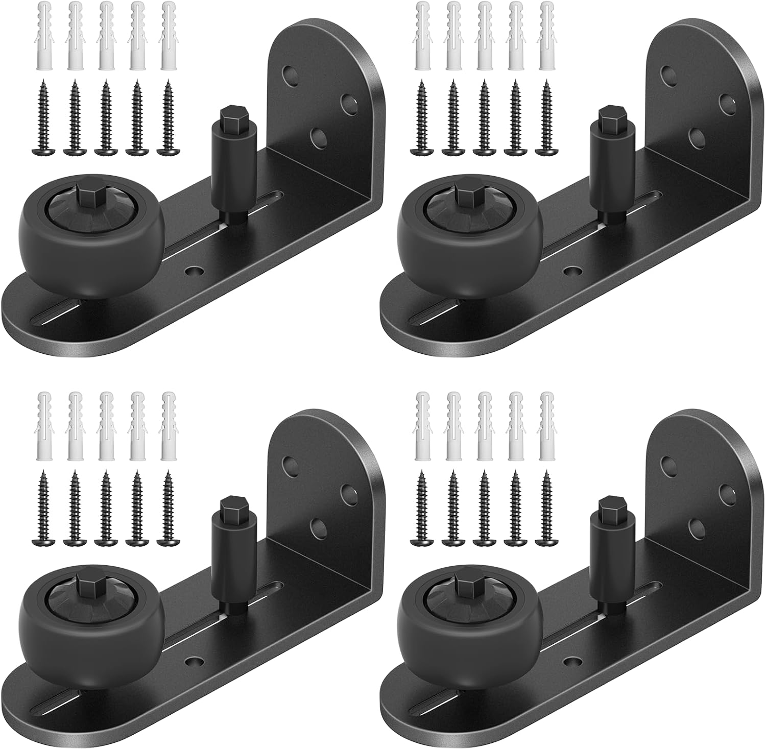 4PCS Sliding Barn Door Floor Guide, Adjustable Rubber Rollers, Flush Flat Bottom & Round Edge Design, 4 Setup Options, Quiet Bearing