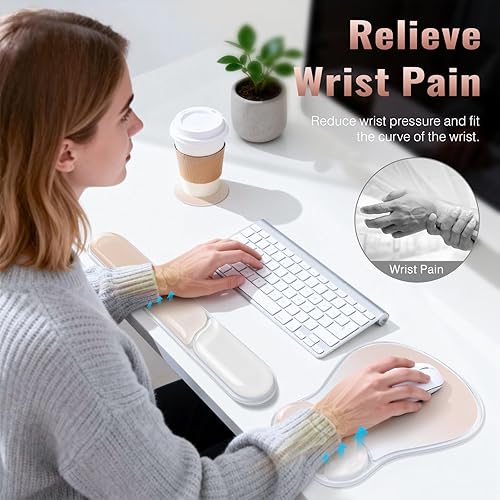 Vista 5 de Ospelelf Juego de alfombrilla de mouse con reposamuñecas de gel ergonómico para teclado, soporte de muñeca con parte inferior de goma Rosa