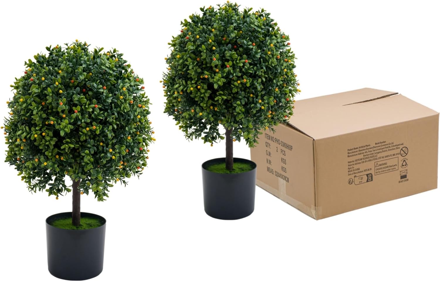 Artificial Topiary Boxwood Ball Trees 20 Inch, Fake Greenery with Fruits for Front Porch, Indoor Walkway, Entryway, Set of 2