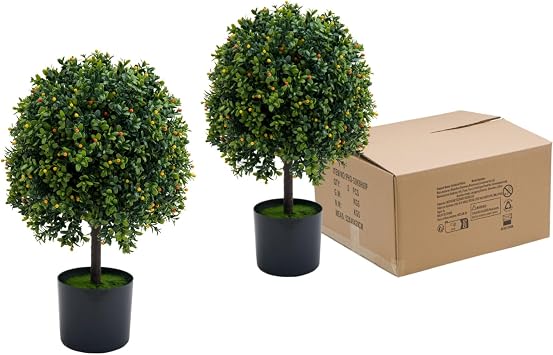 Artificial Topiary Boxwood Ball Trees 20 Inch, Fake Greenery with Fruits for Front Porch, Indoor Walkway, Entryway, Set of 2