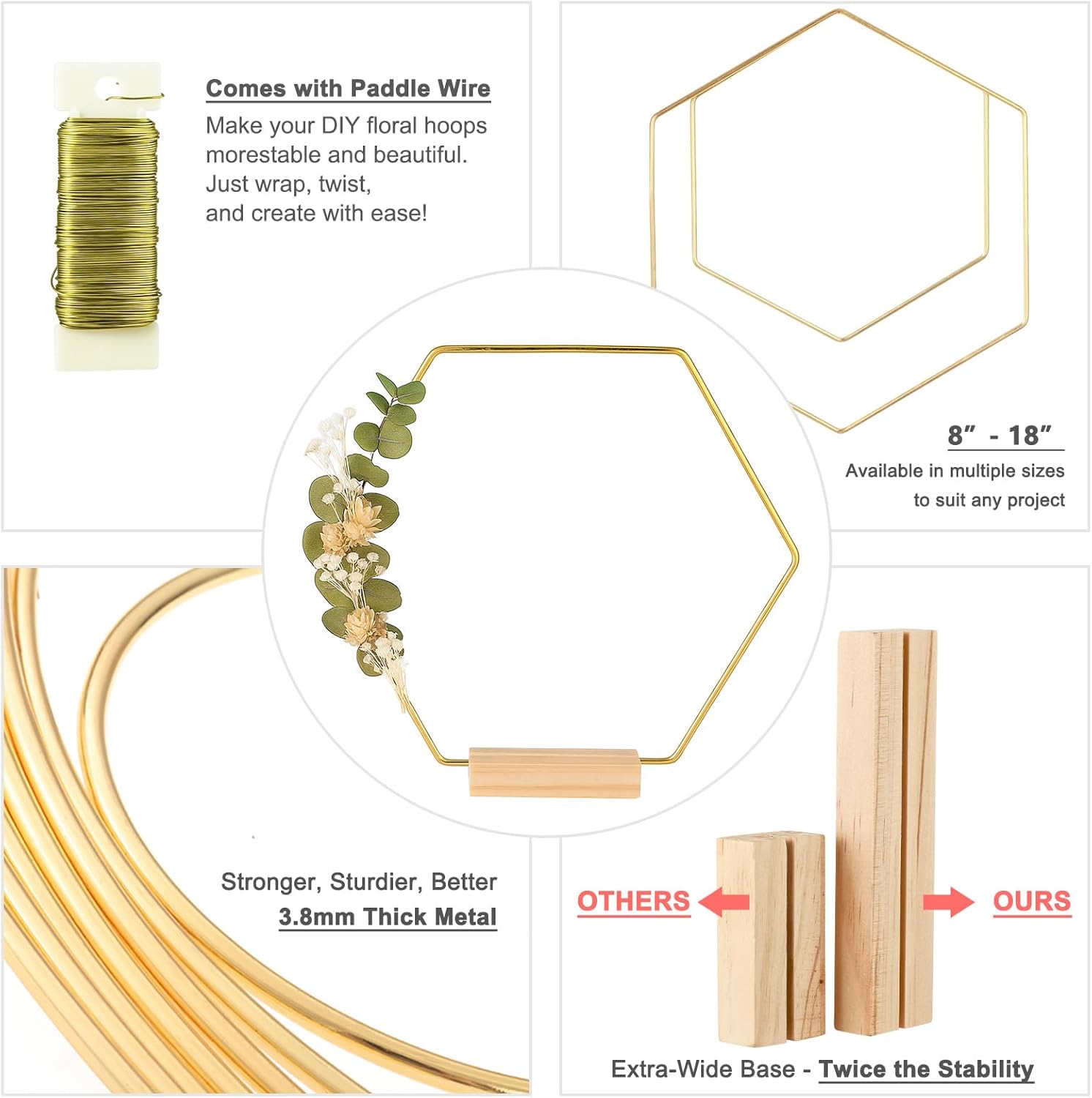 12 Pack Hexagonal Floral Hoops with Stand 16 Inch Metal Rings for DIY Centerpiece Table Decorations Crafts Macrame Ring Hoops Dream Catcher Rings Wedding Birthday Wreath Craft Hoops with Holder, Gold