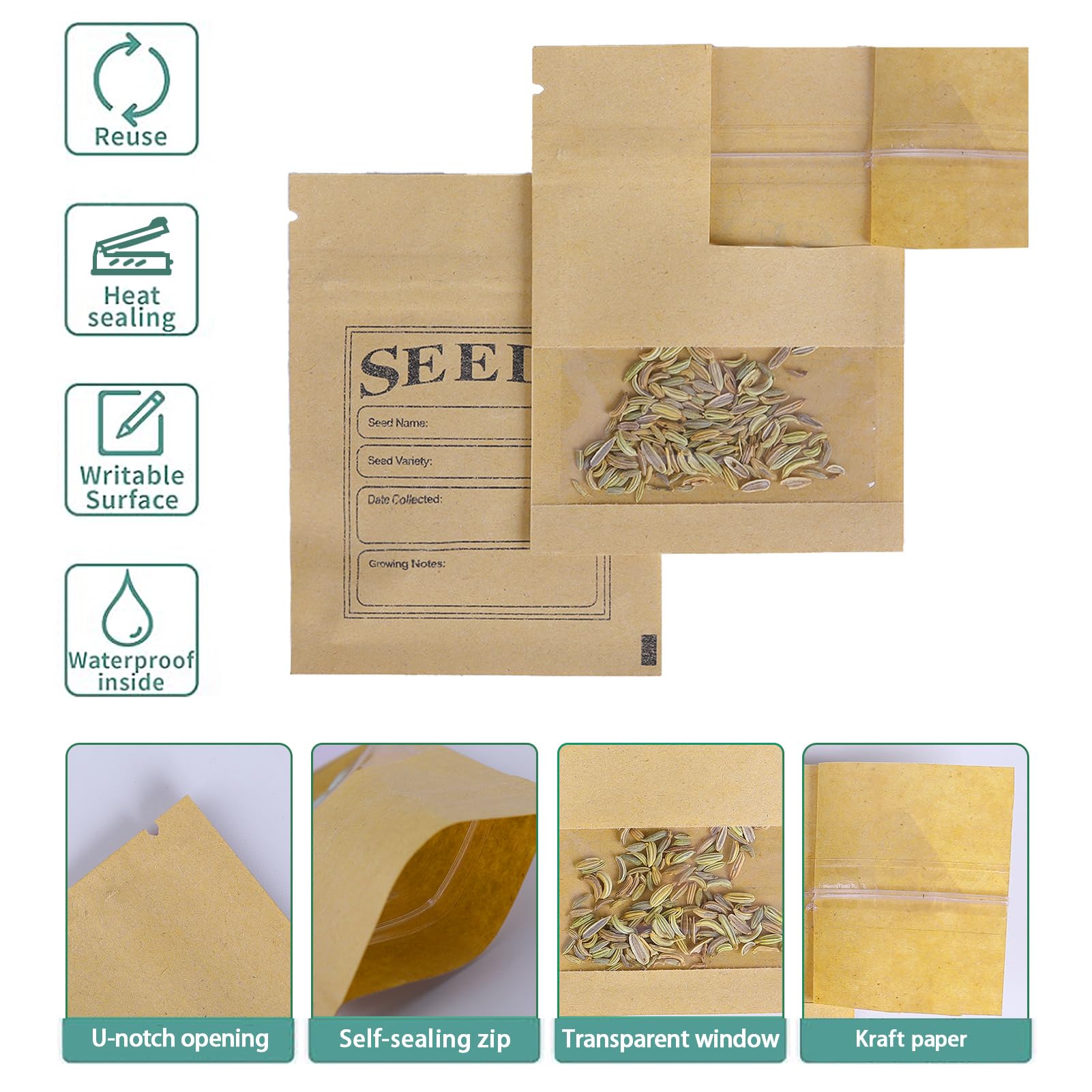 WACCOMT Pack 100pcs Small Resealable Bags Seed Envelopes with Clear Window 2.75x3.74 inch Brown Zipper Lock Kraft Paper Seed Packets Coin Envelopes for Seed Flower Vegetable Plants Garden Storage - Image 3