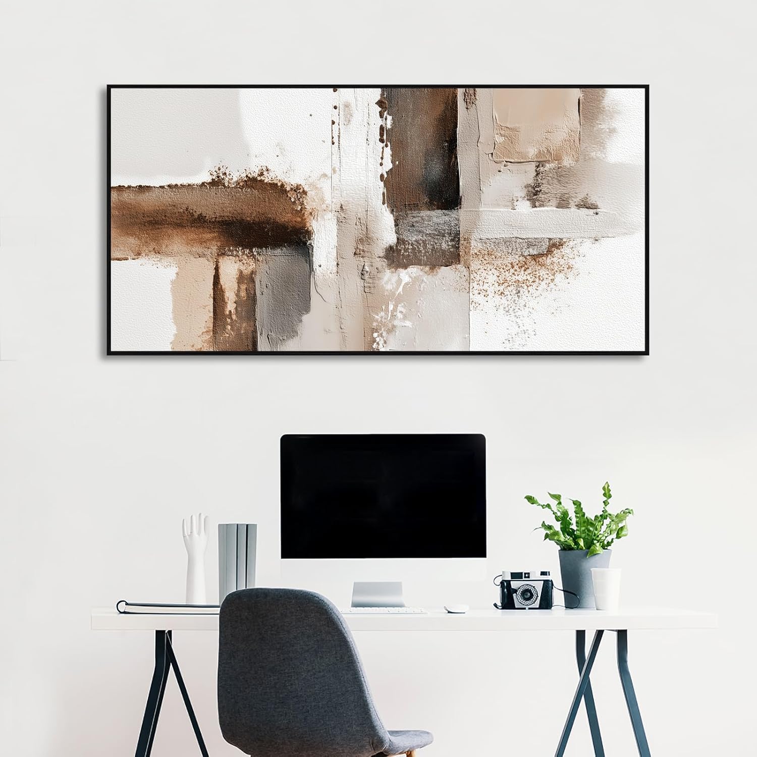 Azatyam Abstract Beige Brown White Metal Framed Wall Art for Living Room Minimalist Modern Decor Office Home Canvas Wall Art Picture Prints Horizontal Large Artwork Paintings Decor 20" x 40"