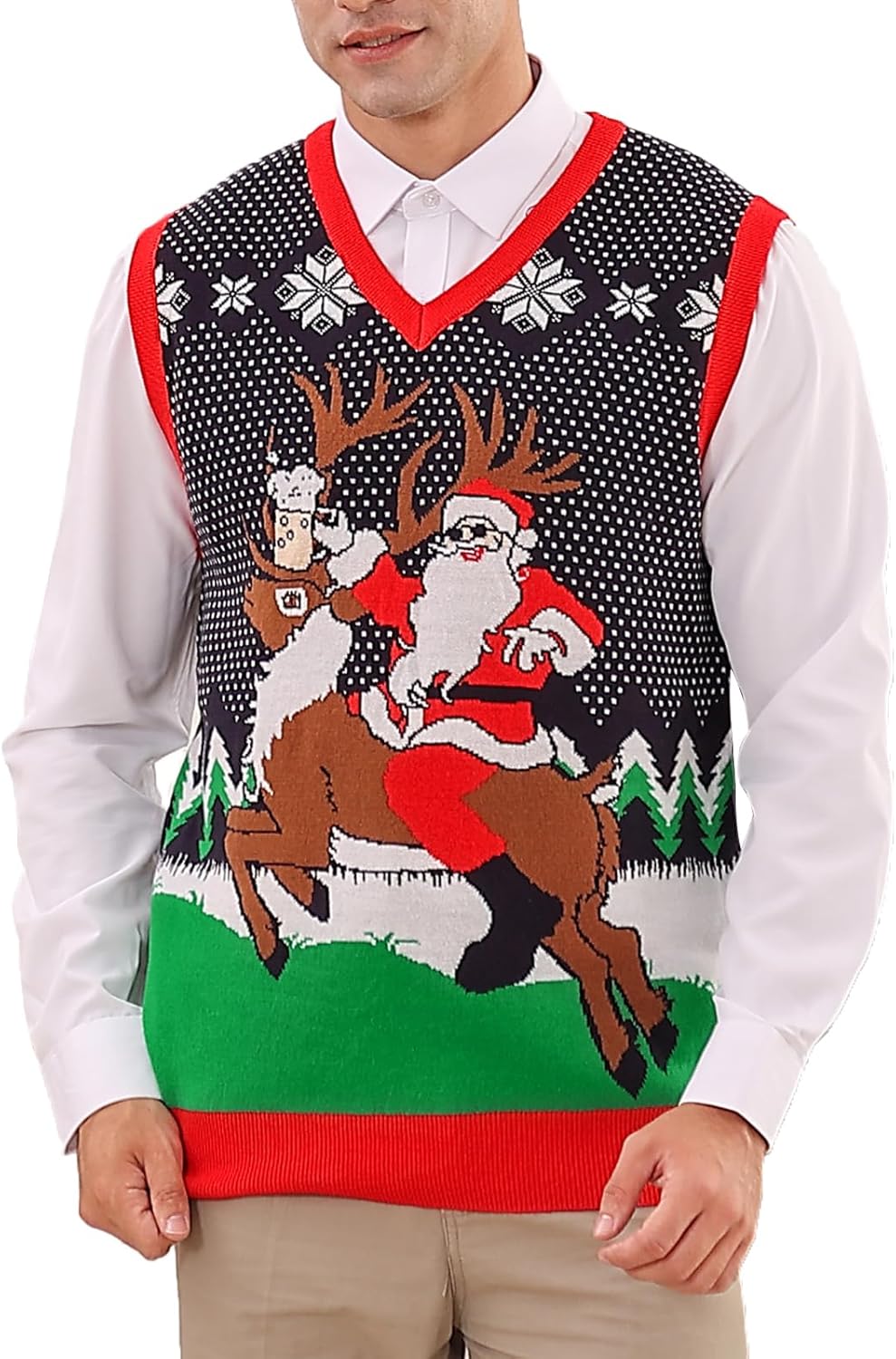 RAISEVERN Ugly Christmas Sweater Vest Mens Funny Knitted V-Neck Jumper Holiday