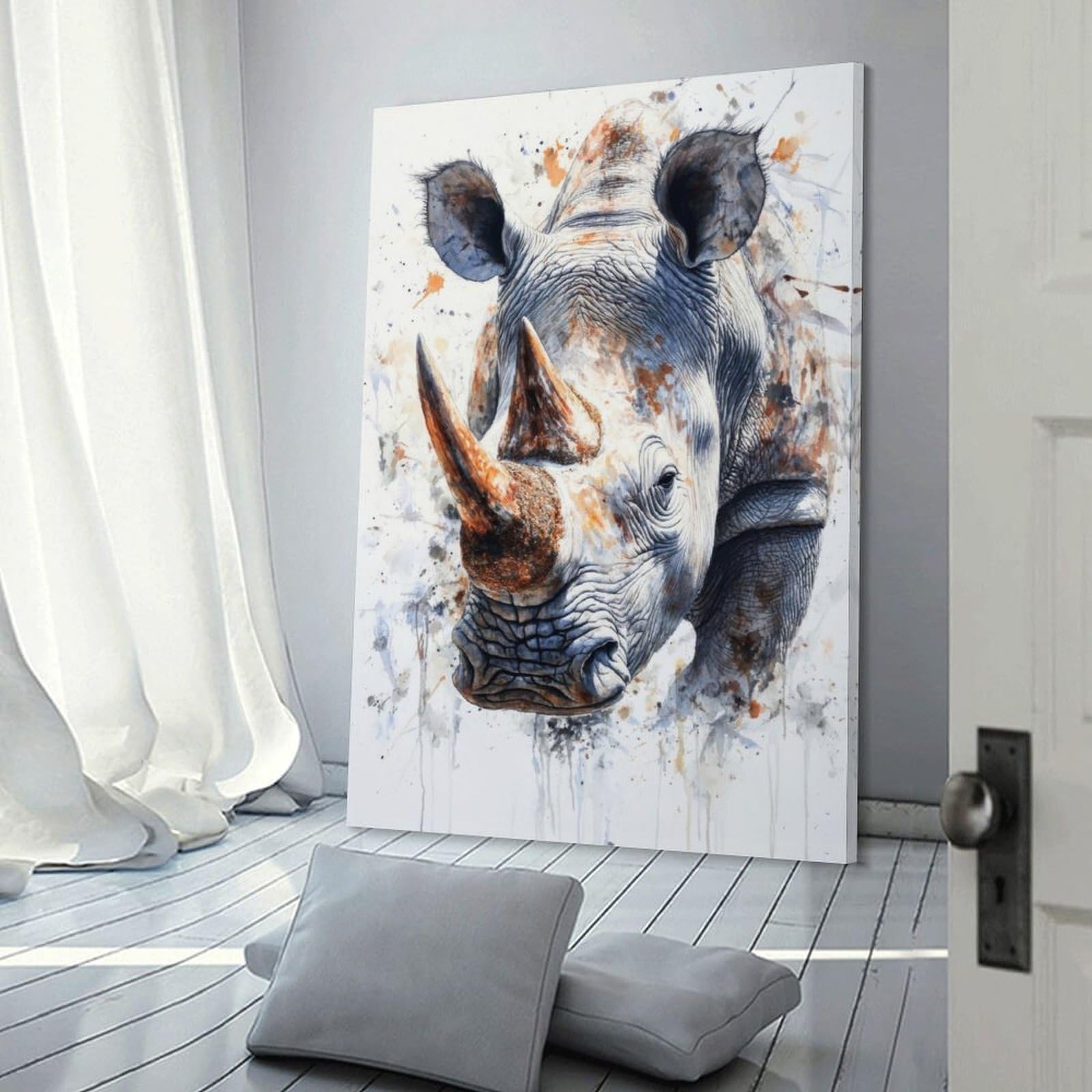 Junmoney Frame-White Rhino Watercolor Wall Art Print White Rhino Watercolor, 20X30inch(50X75cm), For Home Lounge, Bedroom Or Reading Nook, Modern Wall Decor For Cosy Interiors