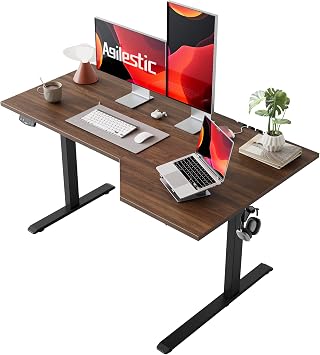 Agilestic 55 x 32 Inch Corner L Shaped Electric Standing Desk, Dark Walnut | Electric Height Adjustable, L-shape Workspace, Sturdy Steel Frame, Memory Preset, Hooks, 154 lbs, Easy Assembly, Splice Board