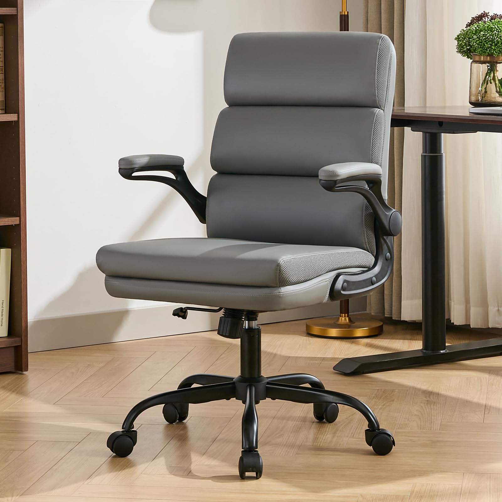LukkDys Executive Office Chair with Flip-Up Armrests, 3-Stage Lumbar Support, Ergonomic Mid Back PU Leather Swivel Chair, Comfy Desk Chair with Tilt & Wheels, Height Adjustable for Home Office,Grey