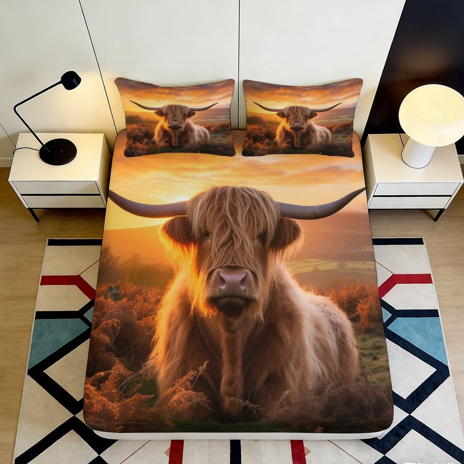 3D Printed Highland Cow Fitted Sheet Microfiber Soft Durable Sunset Landscape Bed Cover for Bedroom Dormitory Guest Room Mattress Protection 160x200x25cm