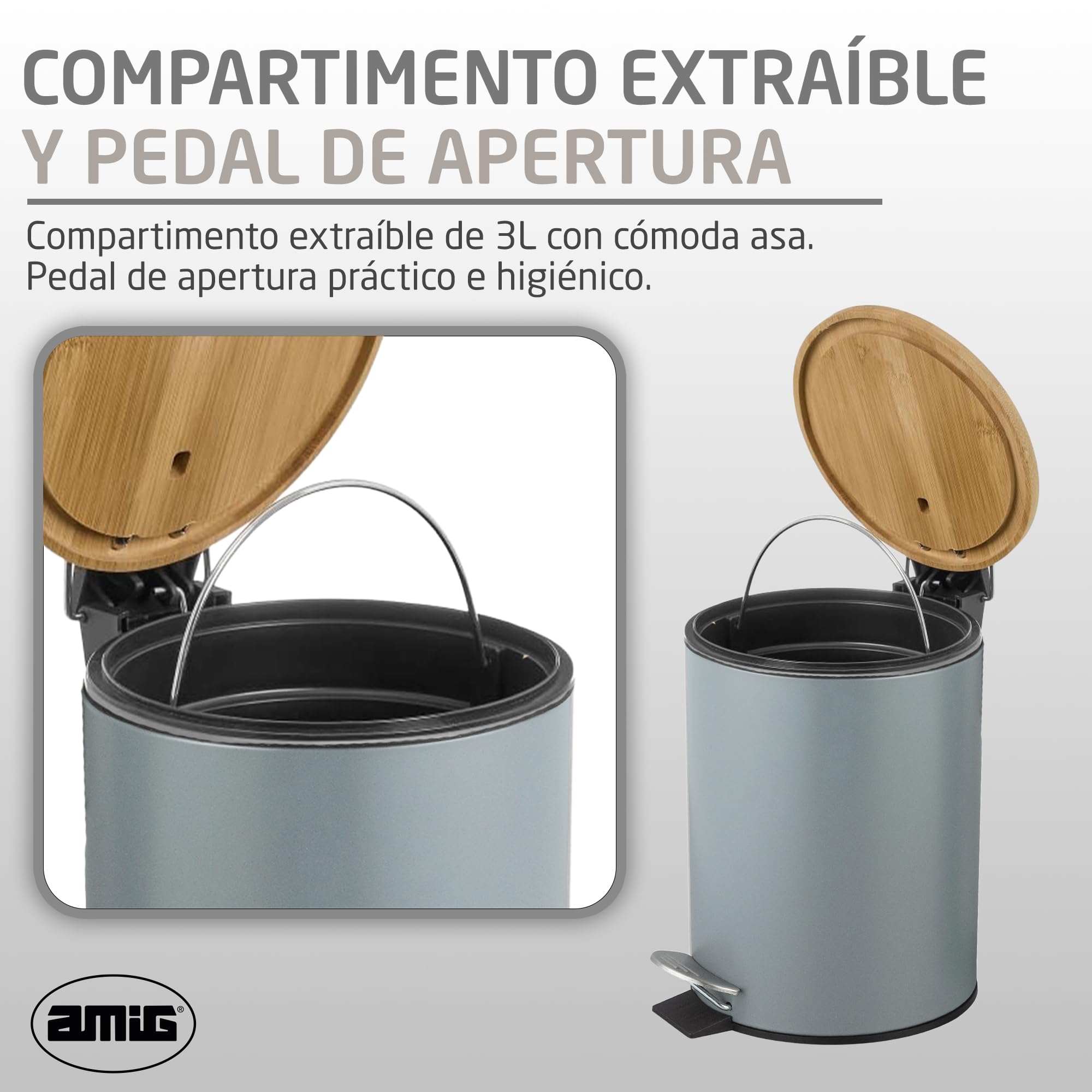 Amig Cubo Basura Baño Pedal 3 Litros Naturline Gris Bambú Acero Inoxidable Lacado 16,8x23 cm