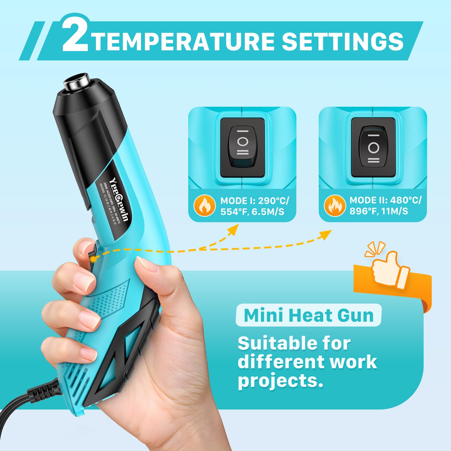Mini opalarka 350 W z 2 poziomami temperatury 290℃/480℃, ręczna suszarka na gorące powietrze z dyszą odblaskową, zabezpieczenie przed przeciążeniem i czas nagrzewania 1,5 S do folii
