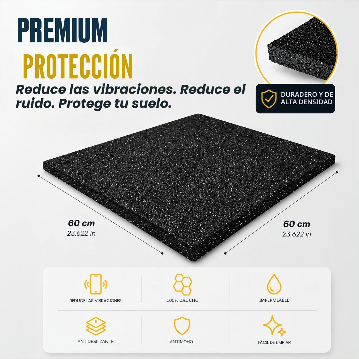 Alfombrilla antivibración para lavadora, 60 x 60 x 1,5 cm, goma para aislamiento de vibraciones, absorción de golpes, reducción de ruido, protección del suelo