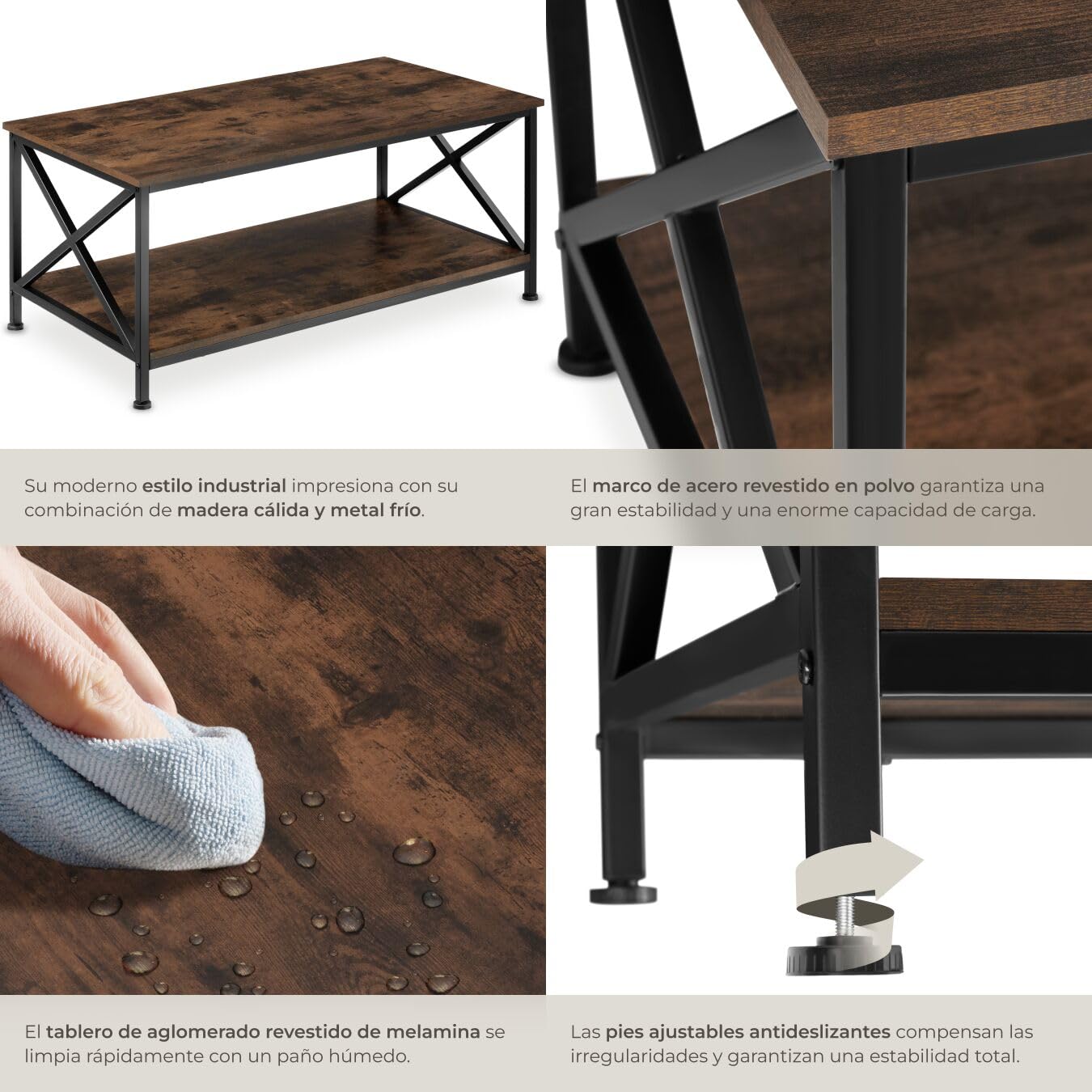 tectake® Mesa Cafe con Estante Inferior, Mesa de Centro, Mueble Auxiliar Salon, Decoracion Hogar, Mesitas de Noche, Mesita de Noche, Muebles - 100 x 55 x 45,5 cm Madera Industrial Oscura, Rústica