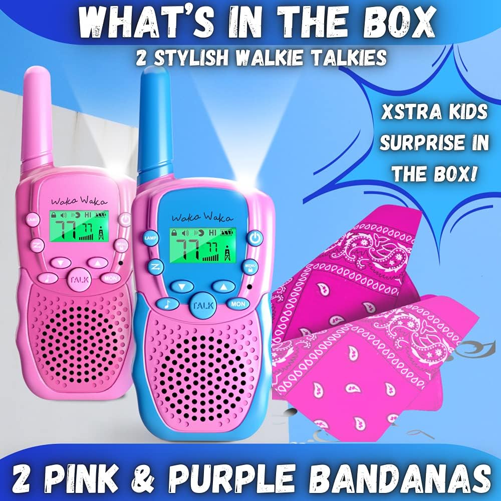 Waka Waka Walkie Talkies for Kids (2 Pack, Pink and Light Blue) — Long Range Two-Way Walkie Talkie Set with Bandanas and Whistles Included — Great for Indoor or Outdoor Play — Gift for Boys and Girls