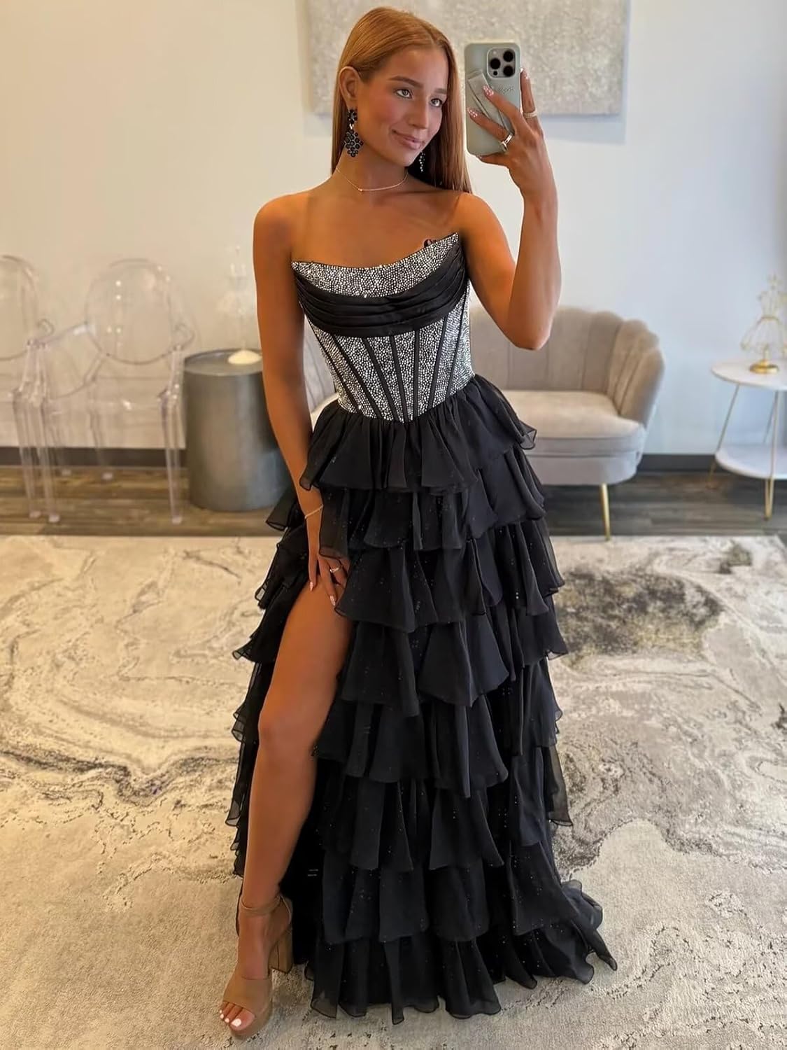 Strapless Prom Dress Tiered Ruffle Sparkly Formal Evening Party Cocktail Gown with Slit - Image 2