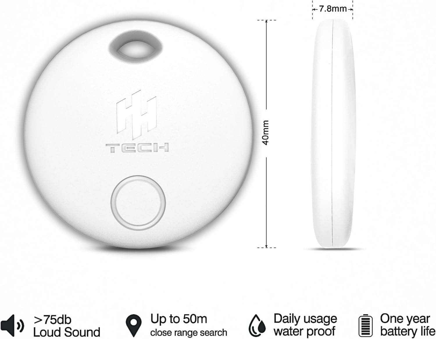 Diagram showing the dimensions of the HH-Tech Smart Tag and icons indicating its features: Loud Sound, Close Range Search, Daily Usage Waterproof, One Year Battery Life.
