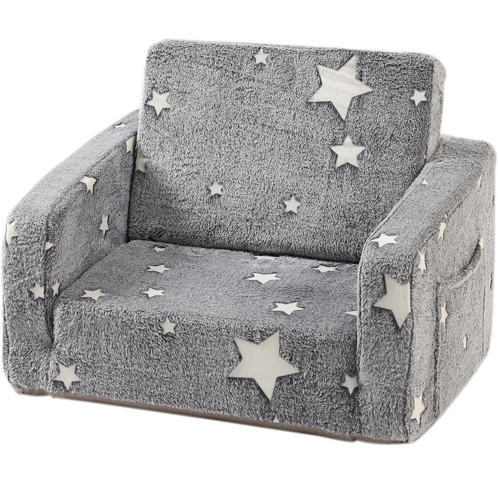 Furnishh Kids Sofa Couch Fold Out, Baby Toddler Comfy Soft Chair for Boys Girls, Flip Out Foldable Children 2 in 1 Convertible Sofa to Lounger, Folding Child Sleeper for Playroom, Grey Star