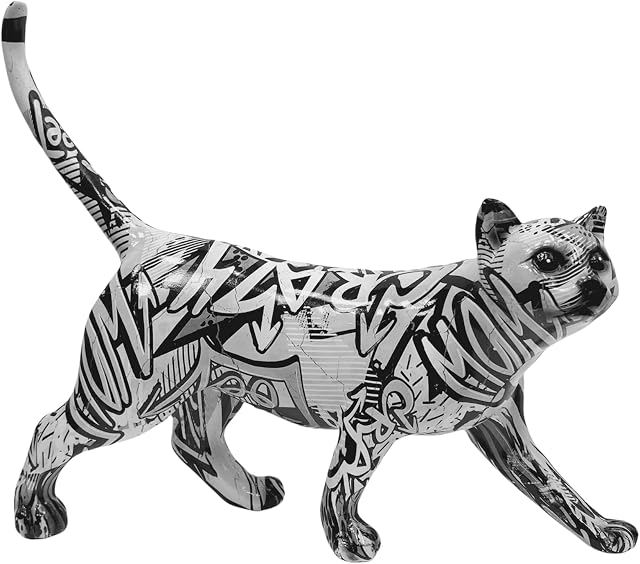 Monochrome Cat Ornament Graffiti Design Animal Sculpture Standing Cat Figurine