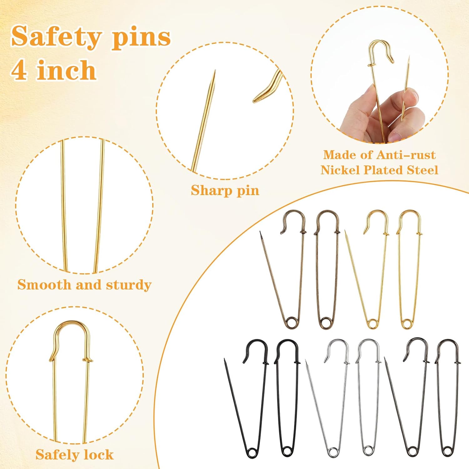 100 Pcs Jumbo Safety Pins 4 Inch, Extra Large Safety Pins Heavy Duty for Blankets, Kilts, Leather & Crafts, Assorted Colors Kilt Pin Set (Silver, Gray, Bronze, Gold, Black)