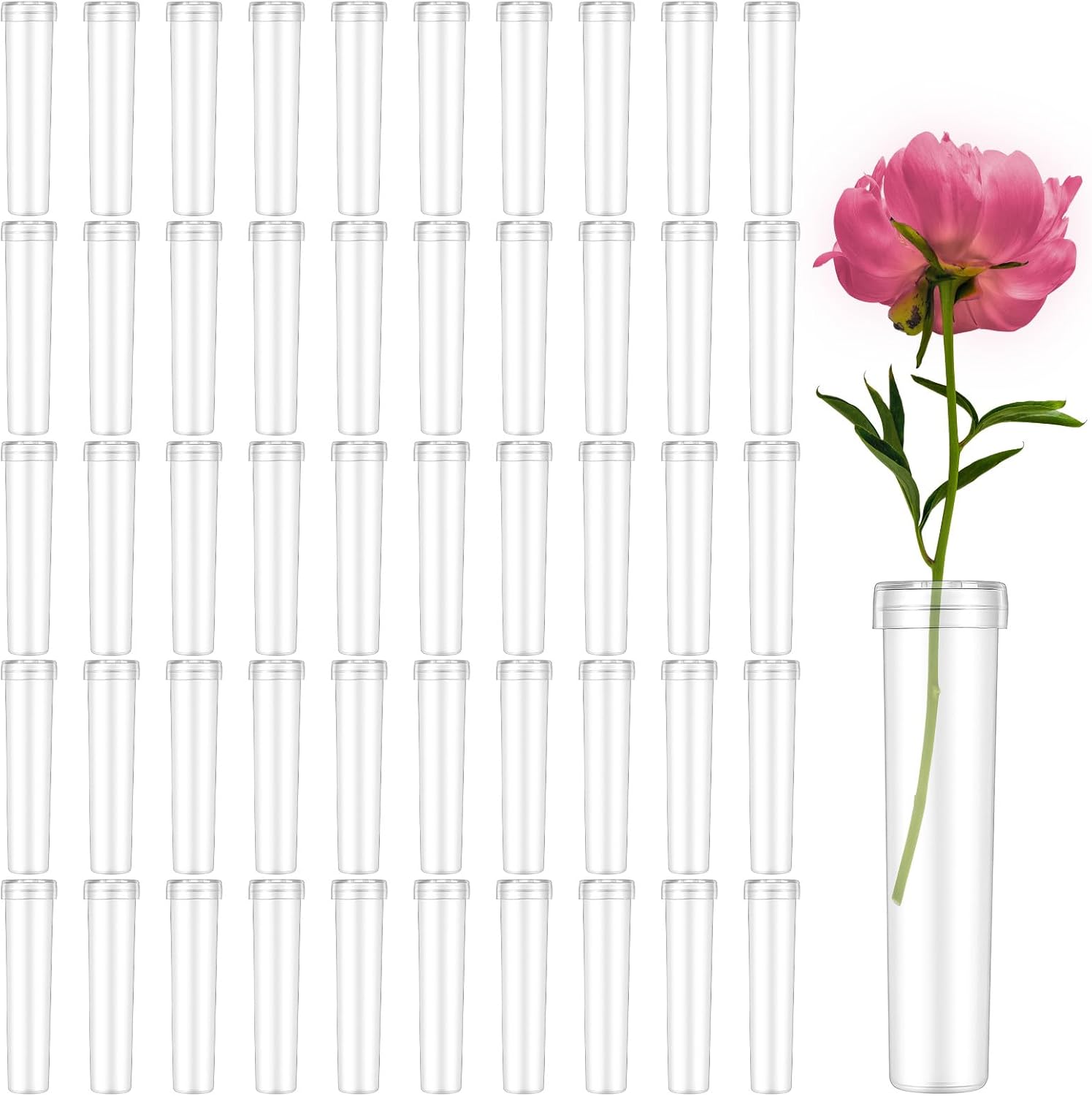 300 Pcs Floral Water Tubes, 2.8 Inch Clear Plastic Flower Vials with Caps, Reusable Floral Tubes for Single Stem Flower Arrangements