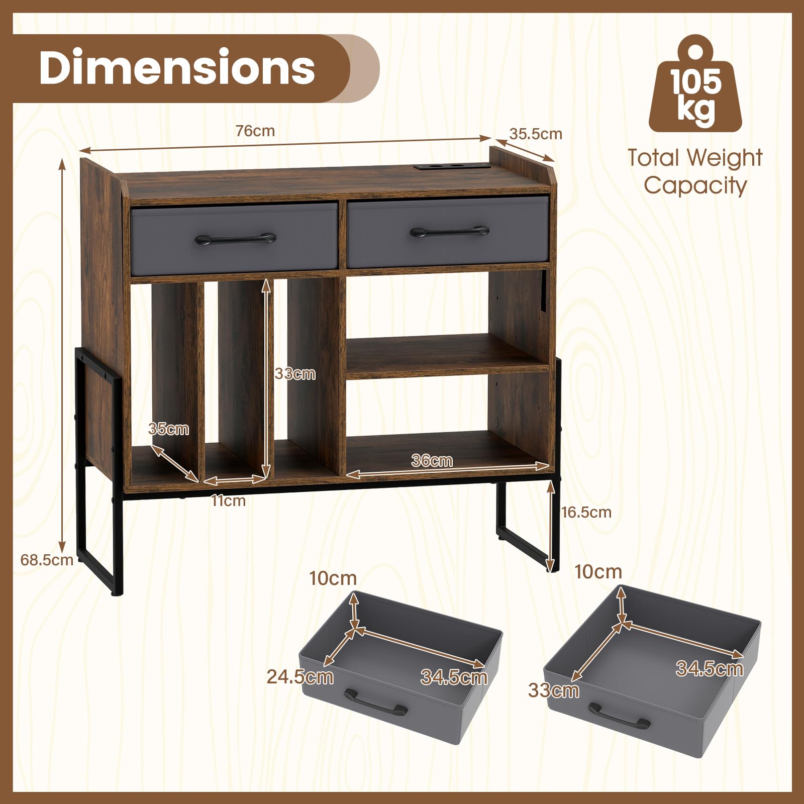 COSTWAY Meuble Platine Vinyle avec Prise, Rangement Platine Vinyle 3 Compartiments, 2 Tiroirs, Pieds Surélevés, Étagère Ajustable, Support Tourne-Disque pour CD DVD, Meuble HiFi pour Salon, Chambre
