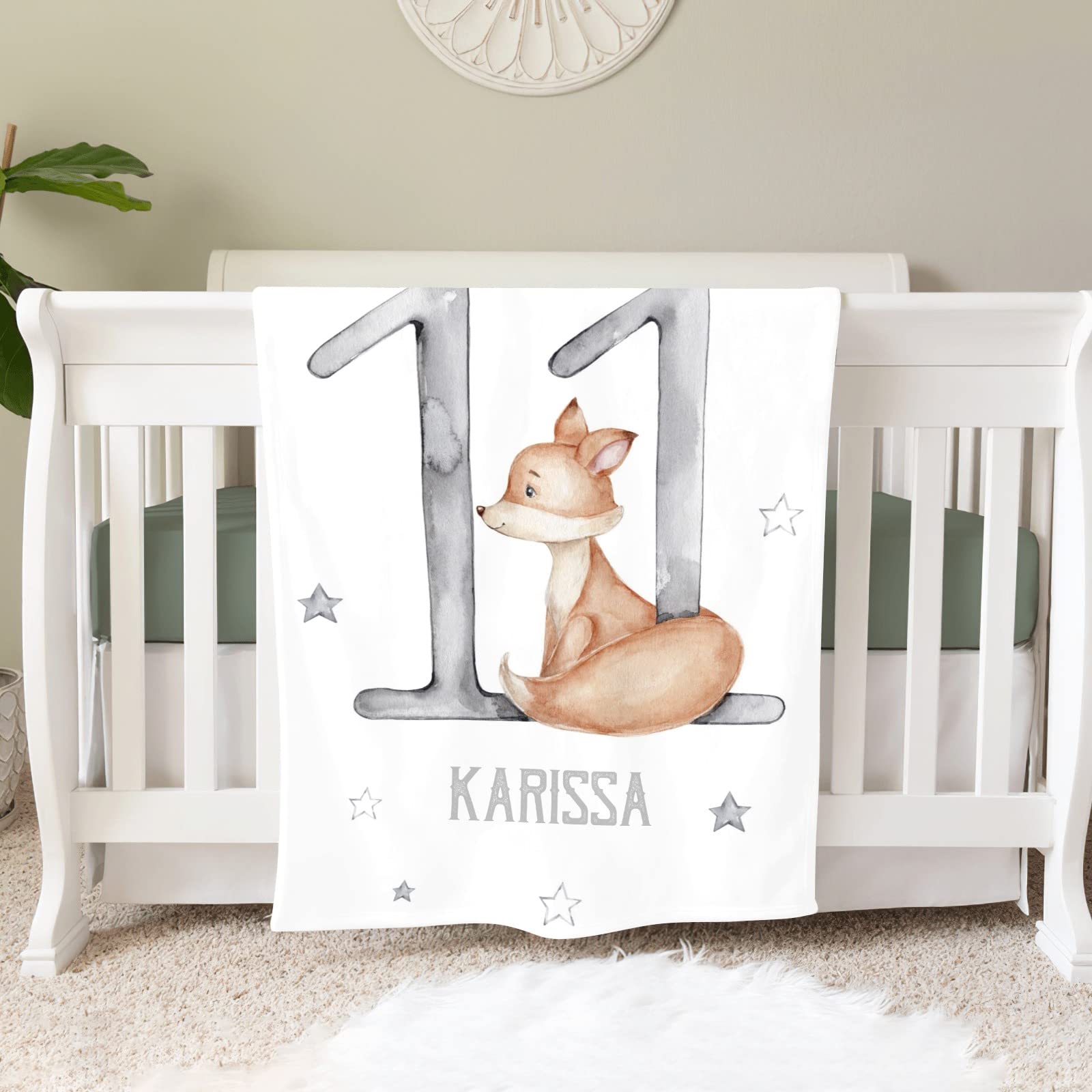 Personalized Baby Blanket With Name - Deer Fox Raccoon Print, Flannel 30x40 Inch, Custom Nursery Gift