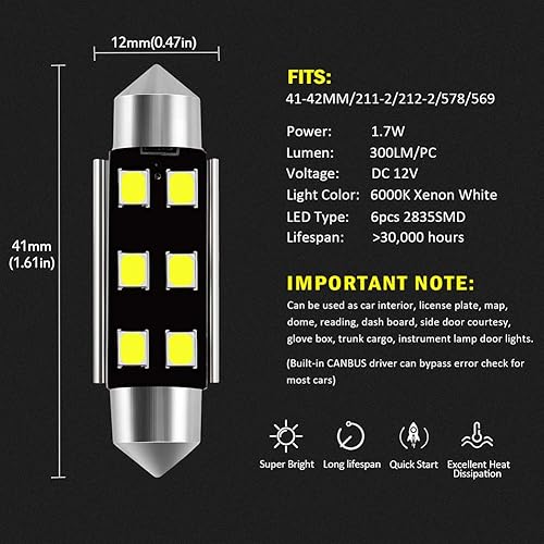 Miniatura 3 de AUXLIGHT DE3175 DE3021 6418 6411 211-2 212-2 578 569 Canbus Bombillas LED de luz interior sin errores 6000K Xenon Blanco, Super brillante 6SMD chips