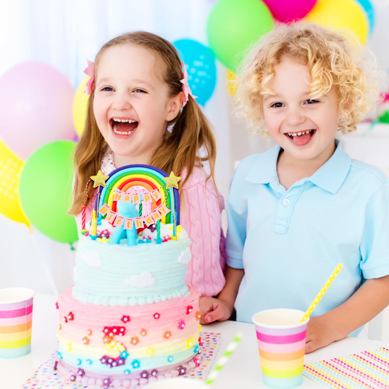 6 Sets Happy Birthday Tortendeko Kuchenaufsatz, Happy Birthday Cake Topper Cupcake Topper Girlande Geburtstag Wimpelkette Banner Kuchenaufsätze Goldene Sternflagge für Jungen und Mädchen