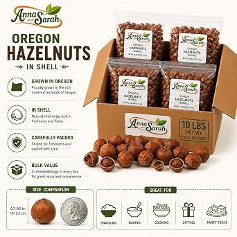 Anna and Sarah Oregon Large Hazelnuts in Shell Box, 10 Lbs (160 Oz) | 160 Oz, Whole Raw Filberts, Non-GMO, Fresh Buttery Taste, Easy to Crack, In Box