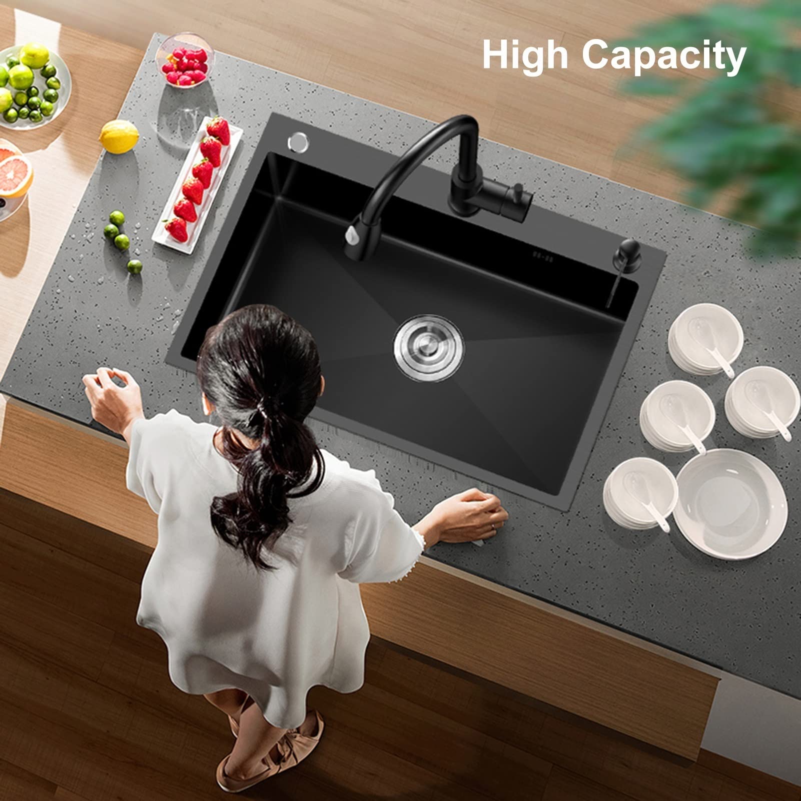 Lavello da Cucina Nero Grigio Lavello Quadrato Lavello in Acciaio Inox A 3 Fori Ispessimento con Rubinetto Estraibile E Accessori, Nero 72 * 45 Cm