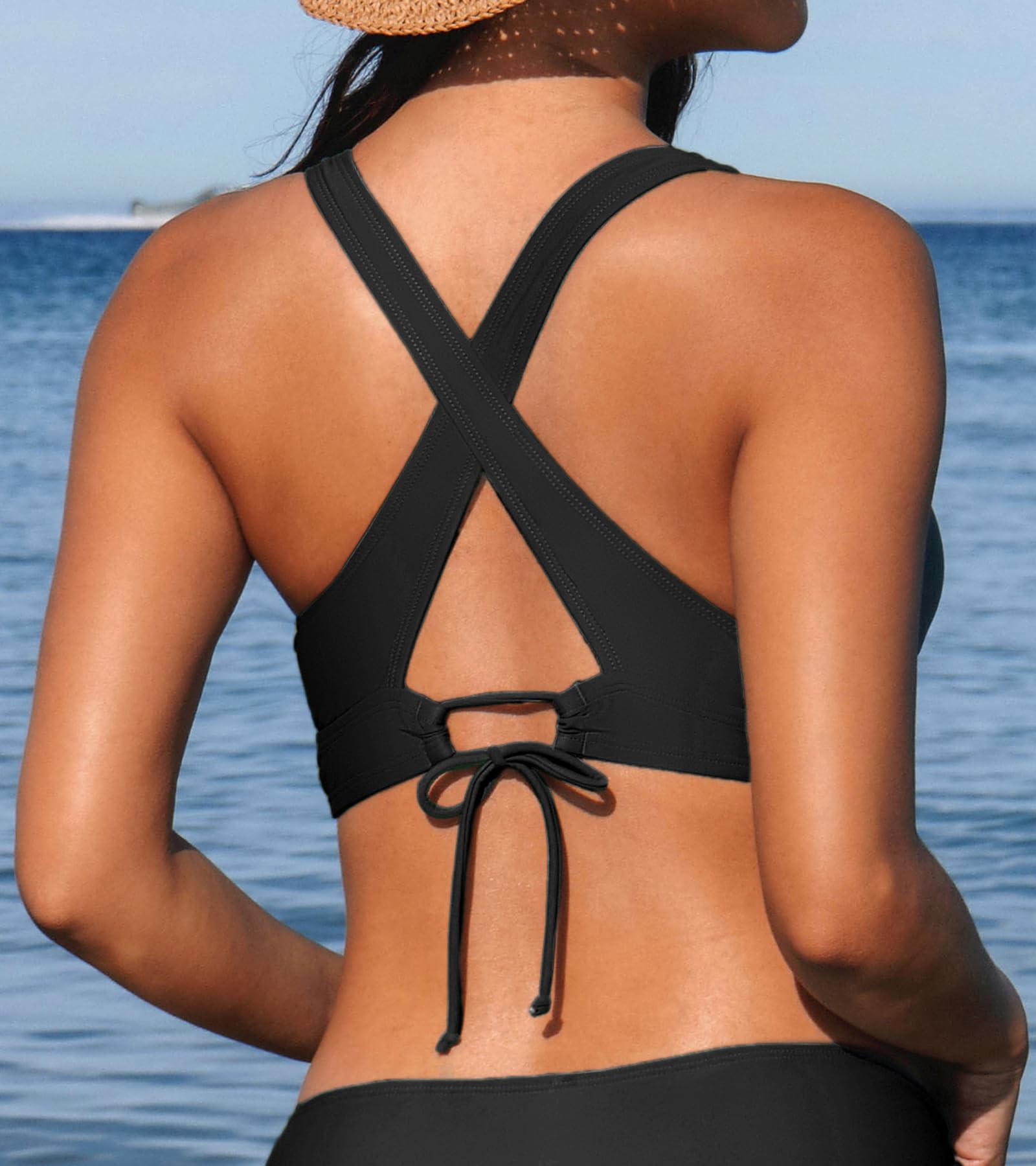 CUPSHE Damski top bikini z dekoltem w serek trójkątny top szerokie ramiączka krzyż plecy sznurowane