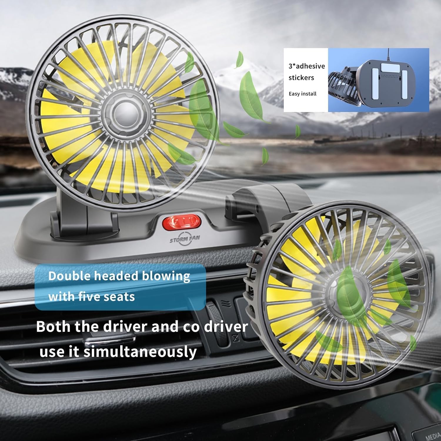 12V Dual Head Car Fan for Dashboard, 2-Speed Portable Vehicle Cooling Fan, 360° Rotatable Cigarette Lighter Powered Air Circulator for SUV RV Truck Sedan