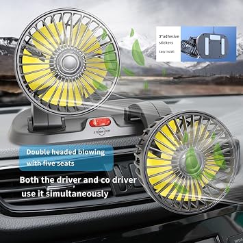 Portable 2-Head Car Cooling Fan, 12V Cigarette Lighter Plug Dashboard Fan for Vehicles Cars Trucks SUV, 360 Adjustable Heads Strong Airflow (No Battery)
