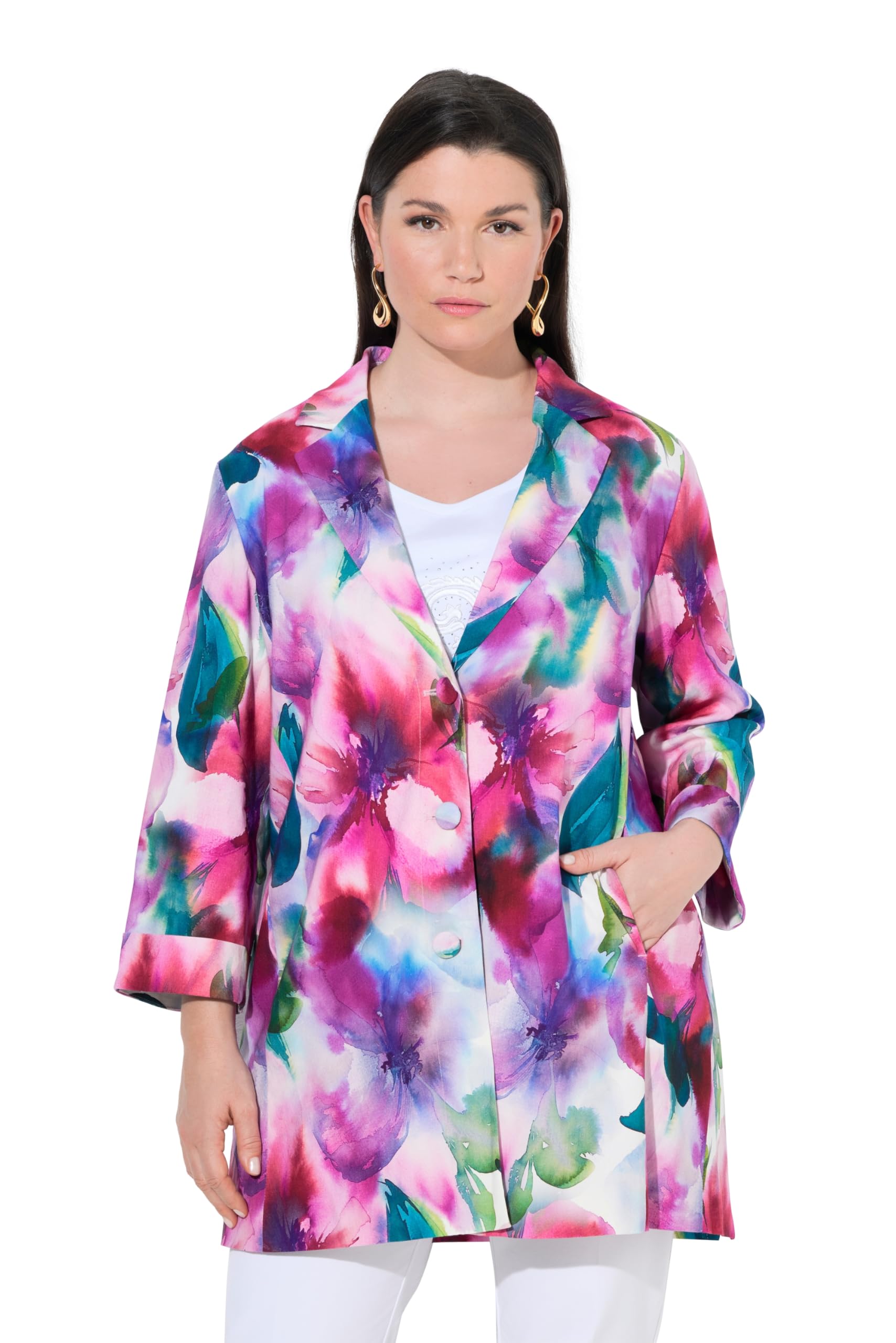 Ulla Popken Damen große Größen Übergrößen Plus Size Blazer, Leinenmix, A-Linie, Reverskragen, 3/4-Arm 849728