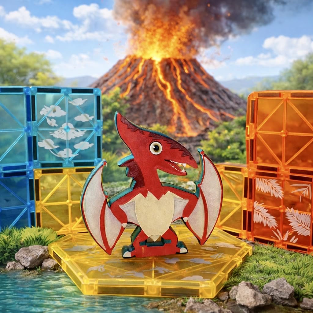 Wonder Toys STEM zestaw do budowania dinozaurów, 63 części, klocki magnetyczne 3D, zabawka edukacyjna od 3 lat