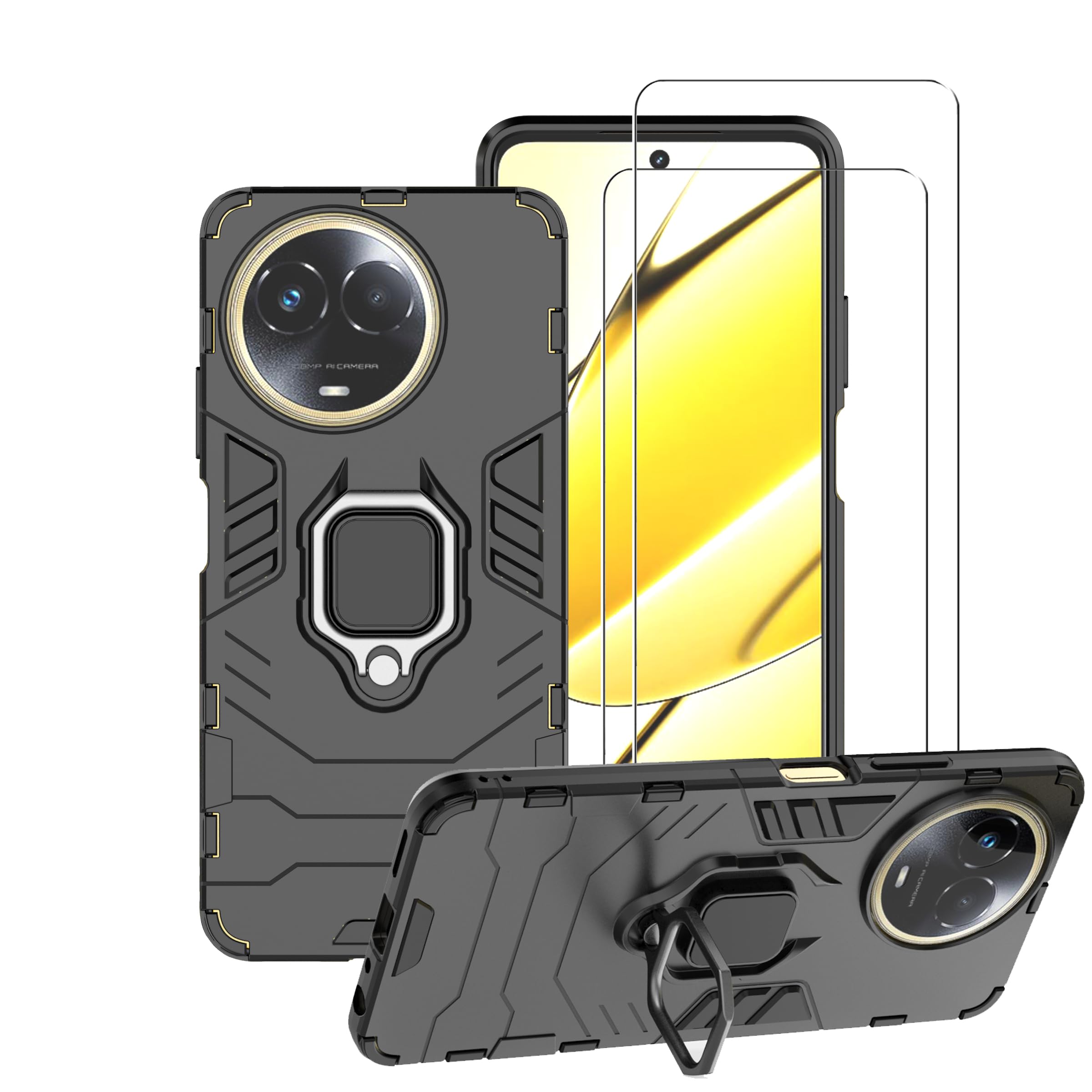 ZMONE for Realme 11 5G Case Cover with Glass Screen Protector [2 PACK] Heavy Duty Dual Layer Military Grade Shockproof Protective Cover with Magnetic Ring Kickstand - Black