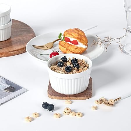 Emma's Round Porcelain Souffle Dishes, Ramekins - Classic Style for Souffle, Creme Brulee and Ice Cream - Set of 8, White (8OZ, WHITE)