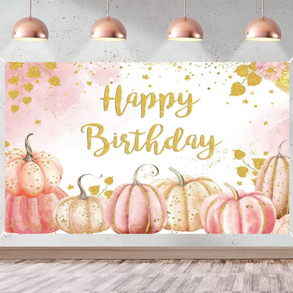 Pumpkin Birthday Banner Autumn Pumpkin Happy Birthday Background Fall Pumpkin Happy Birthday Party Decoration for Pink Girl Photo Booth Props