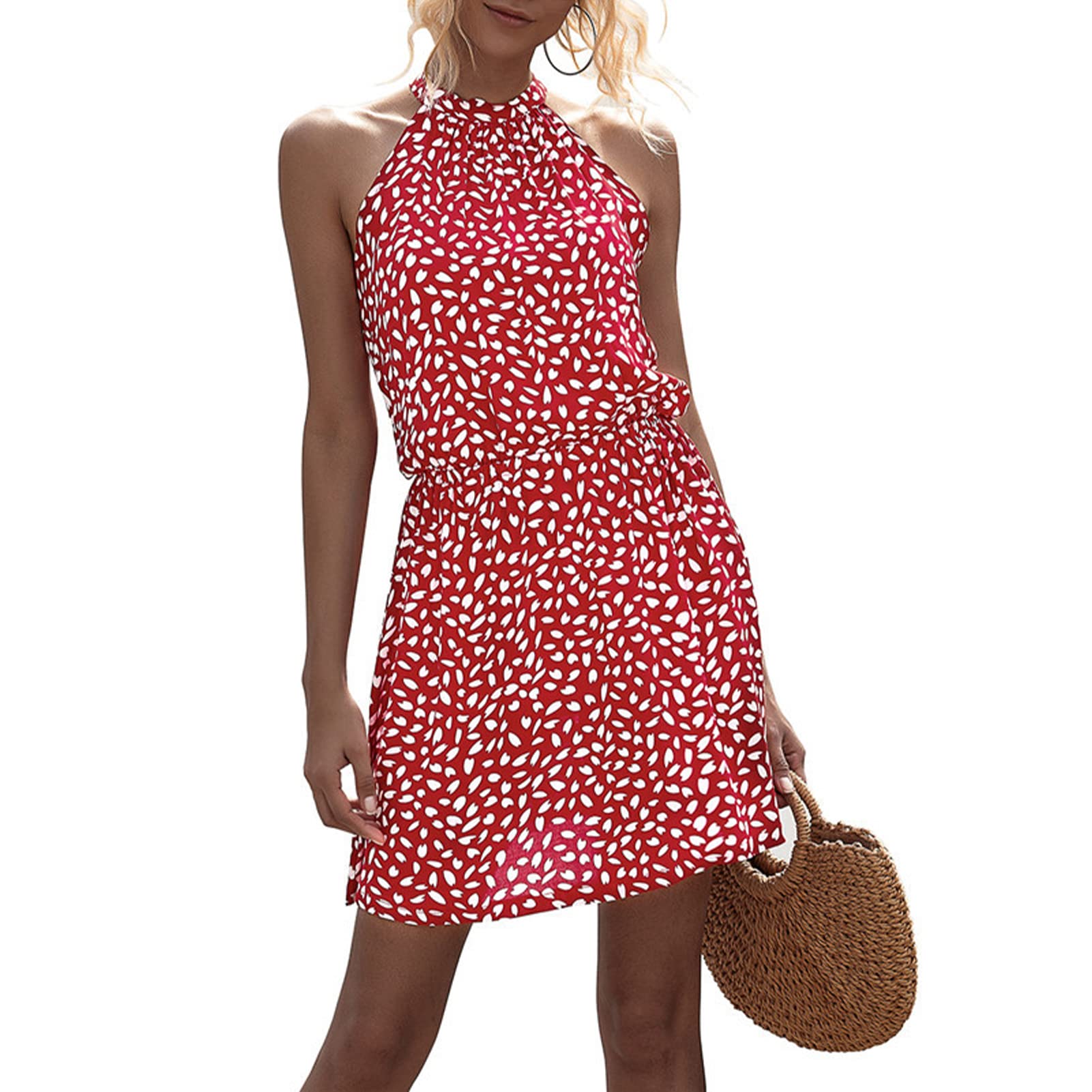 Cocoarm Vestido de verano para mujer, sin mangas, corto, informal, lunares, verano, bohemio, para playa, fiesta, minivestido con cintura elástica