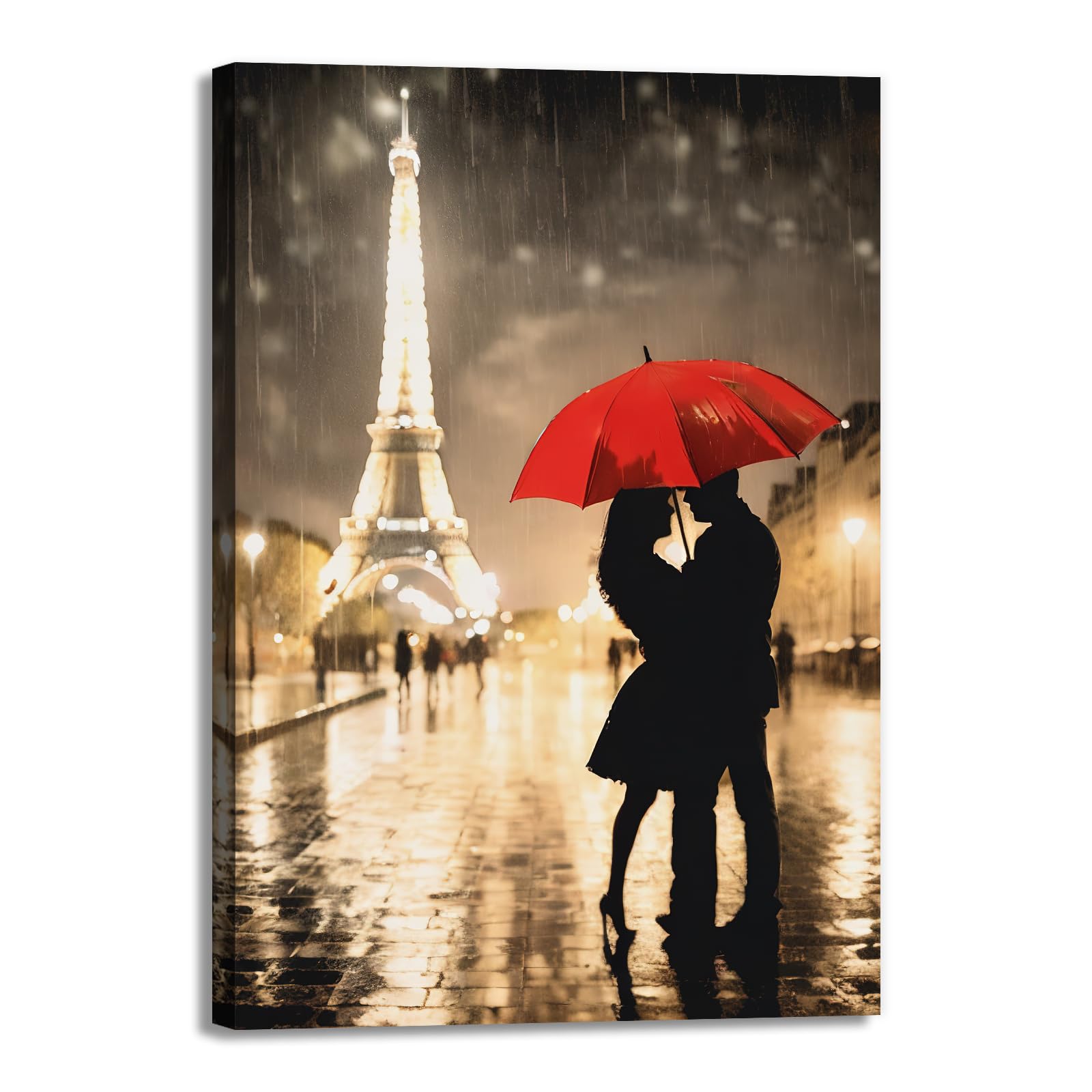 GLOKAKA Romantic Couple Canvas Wall Art Eiffel Tower Wall Decor Paris Street View Painting Modern Artwork For Living Room Bedroom Home Decor